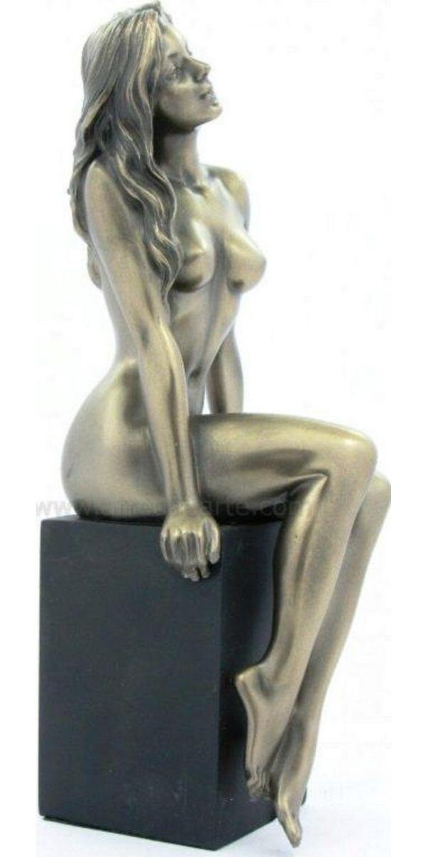Nude girl sitting on plinth bronze figurine, home decor