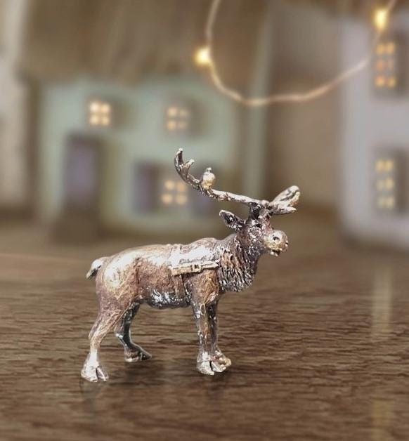 Reindeer bronze miniature (butler and peach) Christmas sculpture home decor