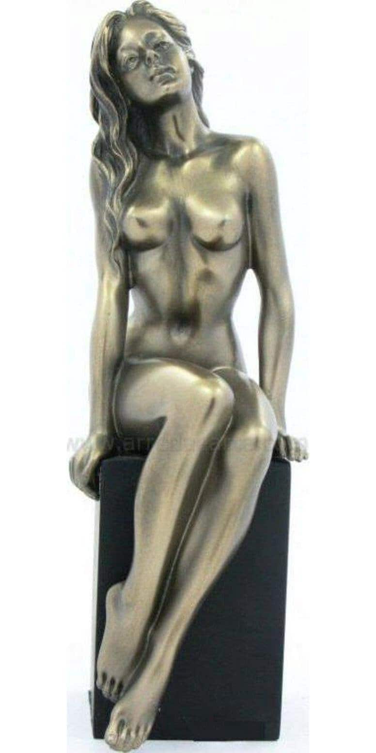 Nude girl sitting on plinth bronze figurine, home decor
