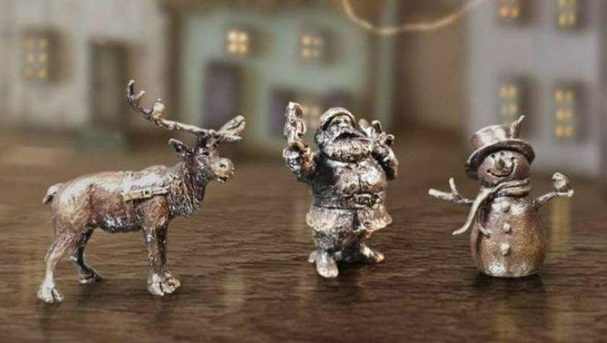 Christmas set of three bronze miniatures collector trio (butler and peach) santa snowman reindeer anniversary gift home decor