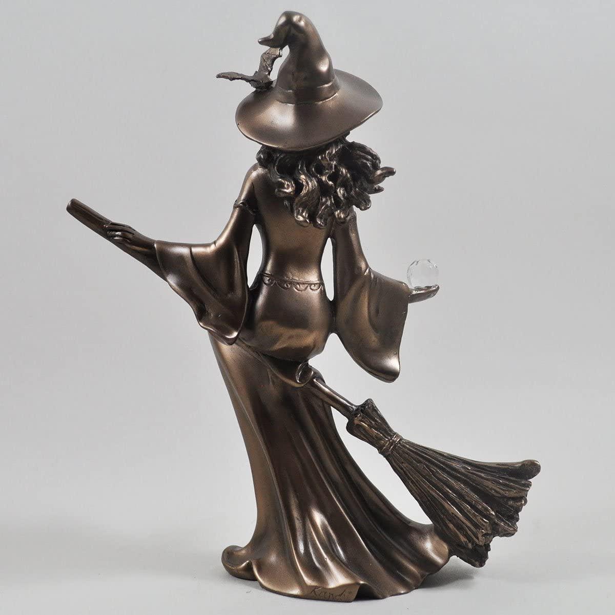 Bronze colour witch riding broom gift ornament figurine