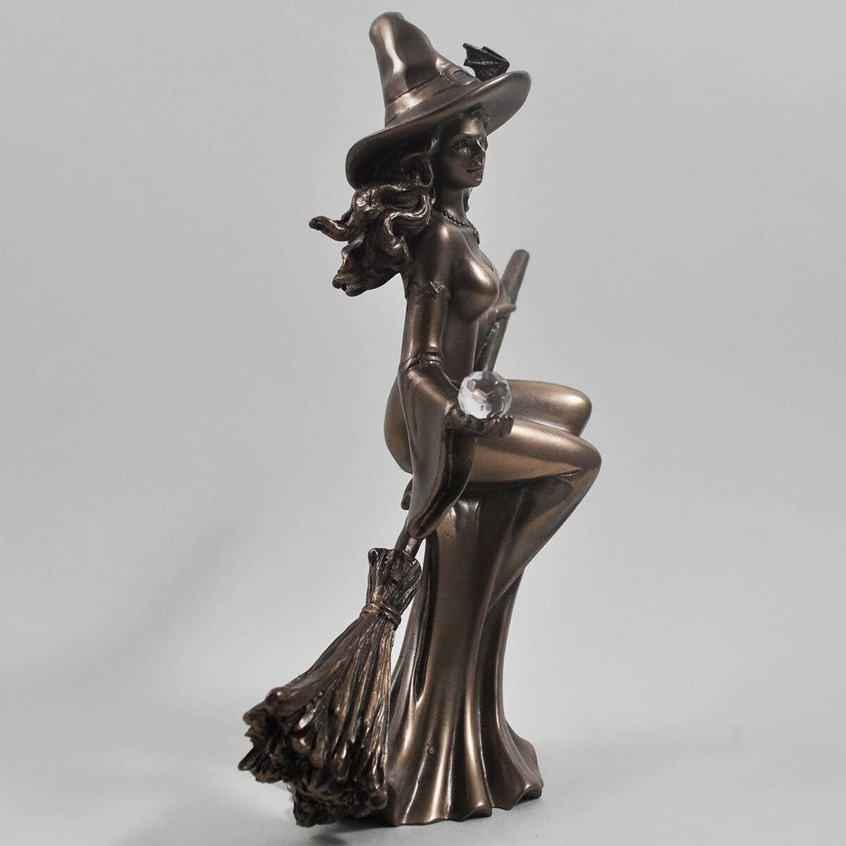 Bronze colour witch riding broom gift ornament figurine