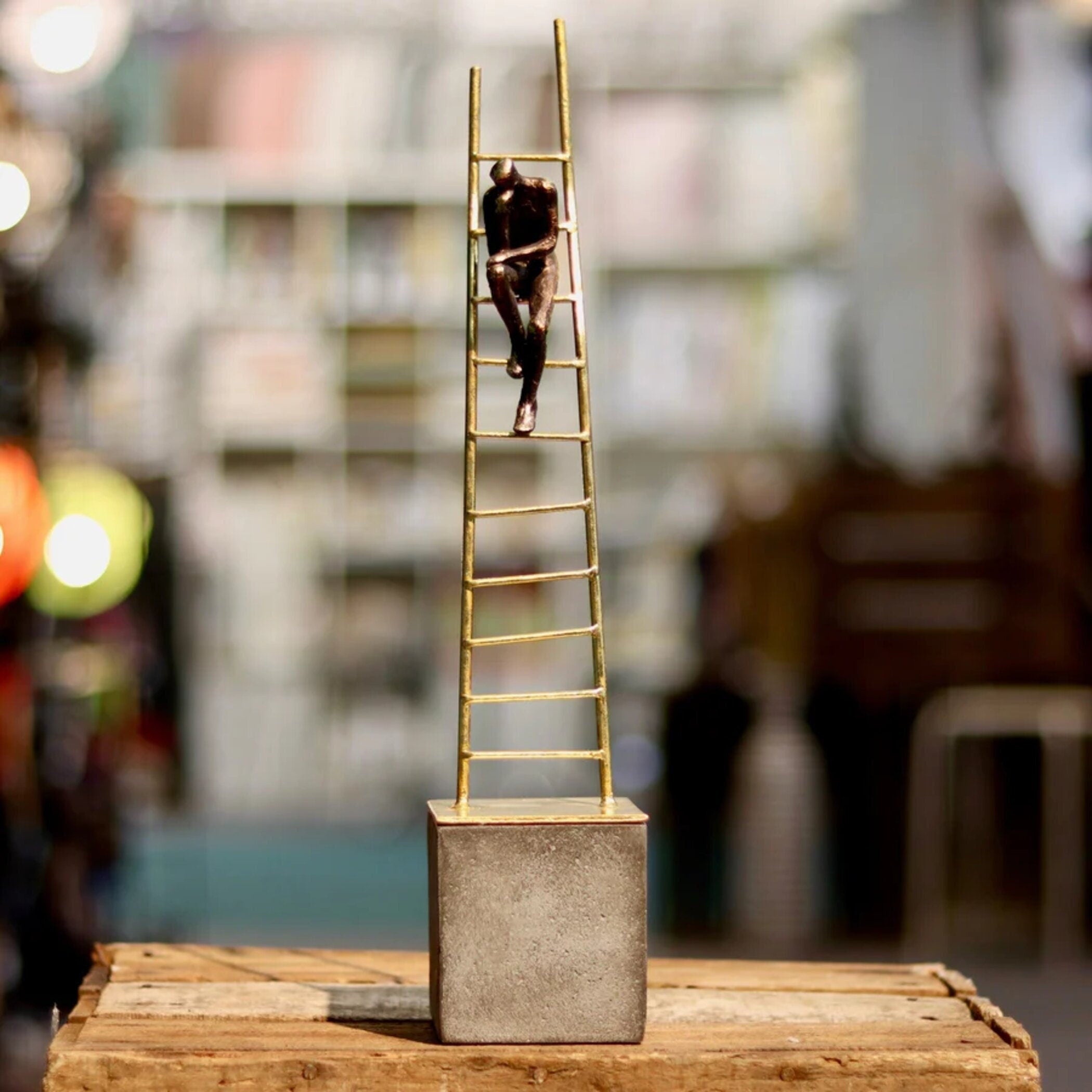 Thinking Man on a Gold Ladder Exclusive Cast Bronze Sculpture Home Decor