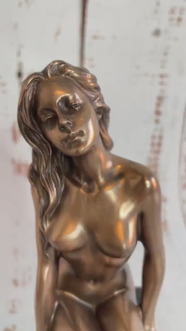Nude girl sitting on plinth bronze figurine, home decor