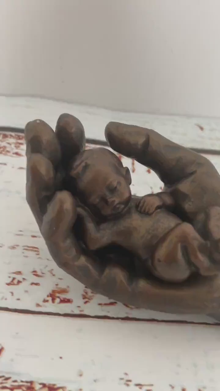 Baby in hand bronze figurine (removable baby),Christening gift, First birsday gift
