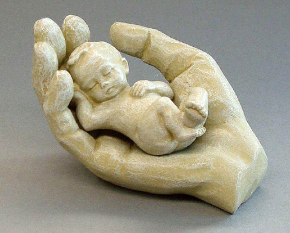 Baby in hand figurine (removable baby), resin sculpture, Christening gift