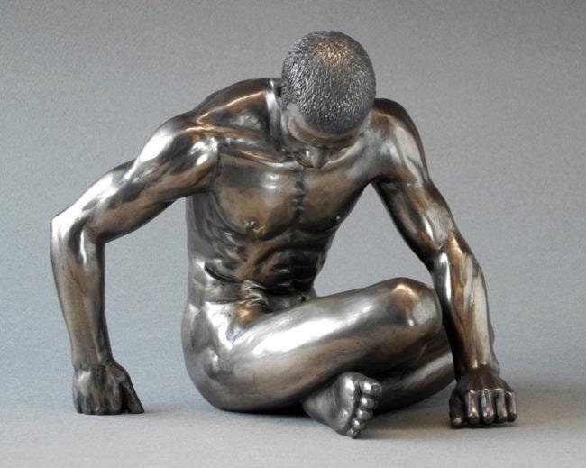 Strength nude male body talk bronze figurine, office decor