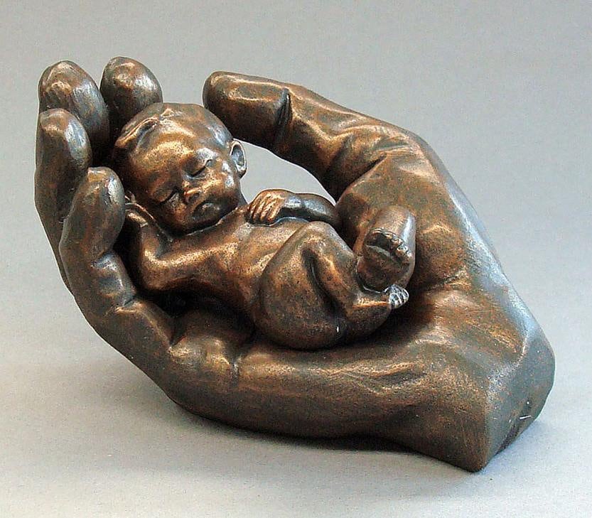 Baby in hand bronze figurine (removable baby),Christening gift, First birsday gift