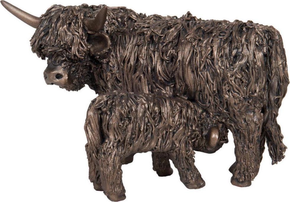 Highland cow and calf feeding bronze sculpture animal figurine home decor