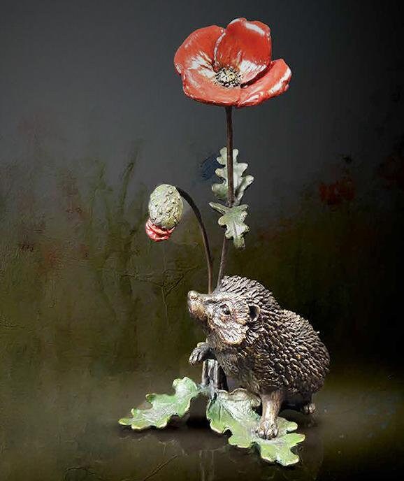 Hedgehog with poppy bronze figurine (limited edition) keith sherwin animal sculpture home decor