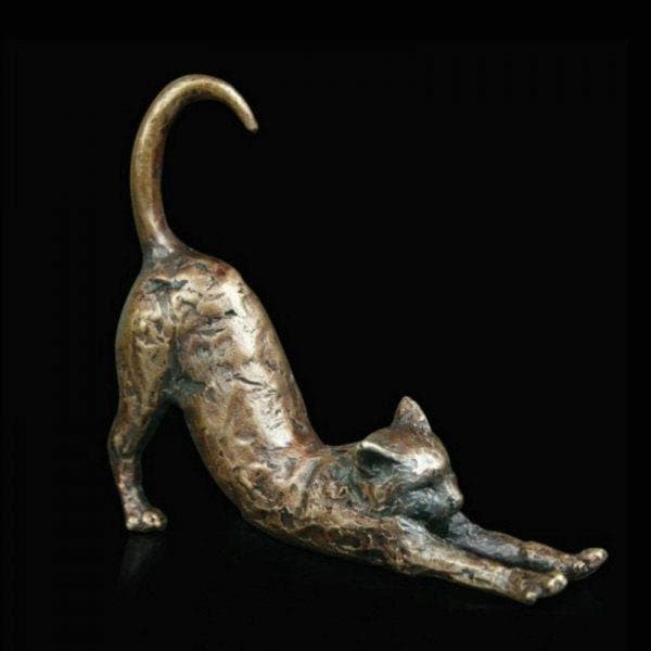 Cat stretching bronze miniature (butler and peach), cat figurine home decor