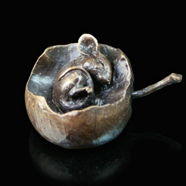 Mouse in apple bronze miniature (butler and peach) bronze sculpture home decor