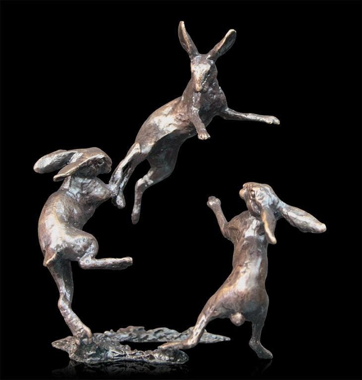 Hares dancing bronze miniature collection centerpiece (butler and peach) animal sculpture home decor