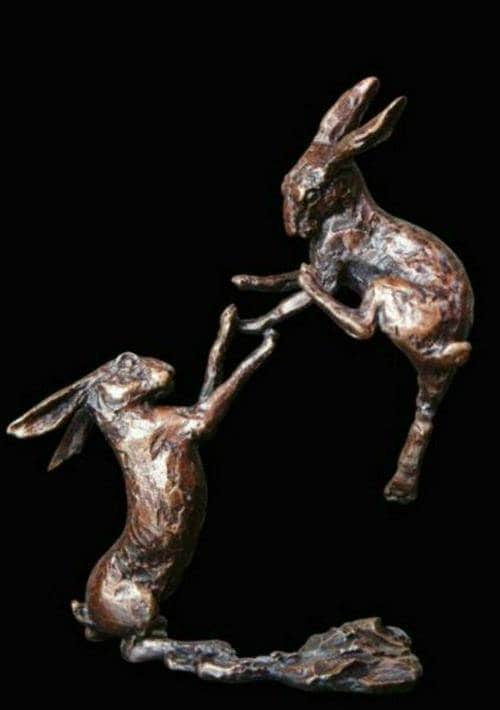 Boxing hares bronze miniature (butler and peach) animal sculpture home decor