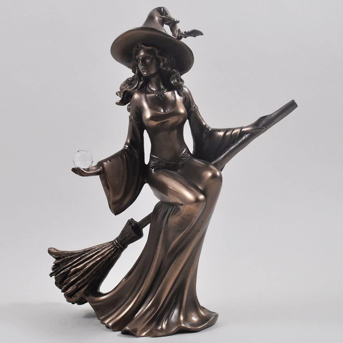 Bronze colour witch riding broom gift ornament figurine
