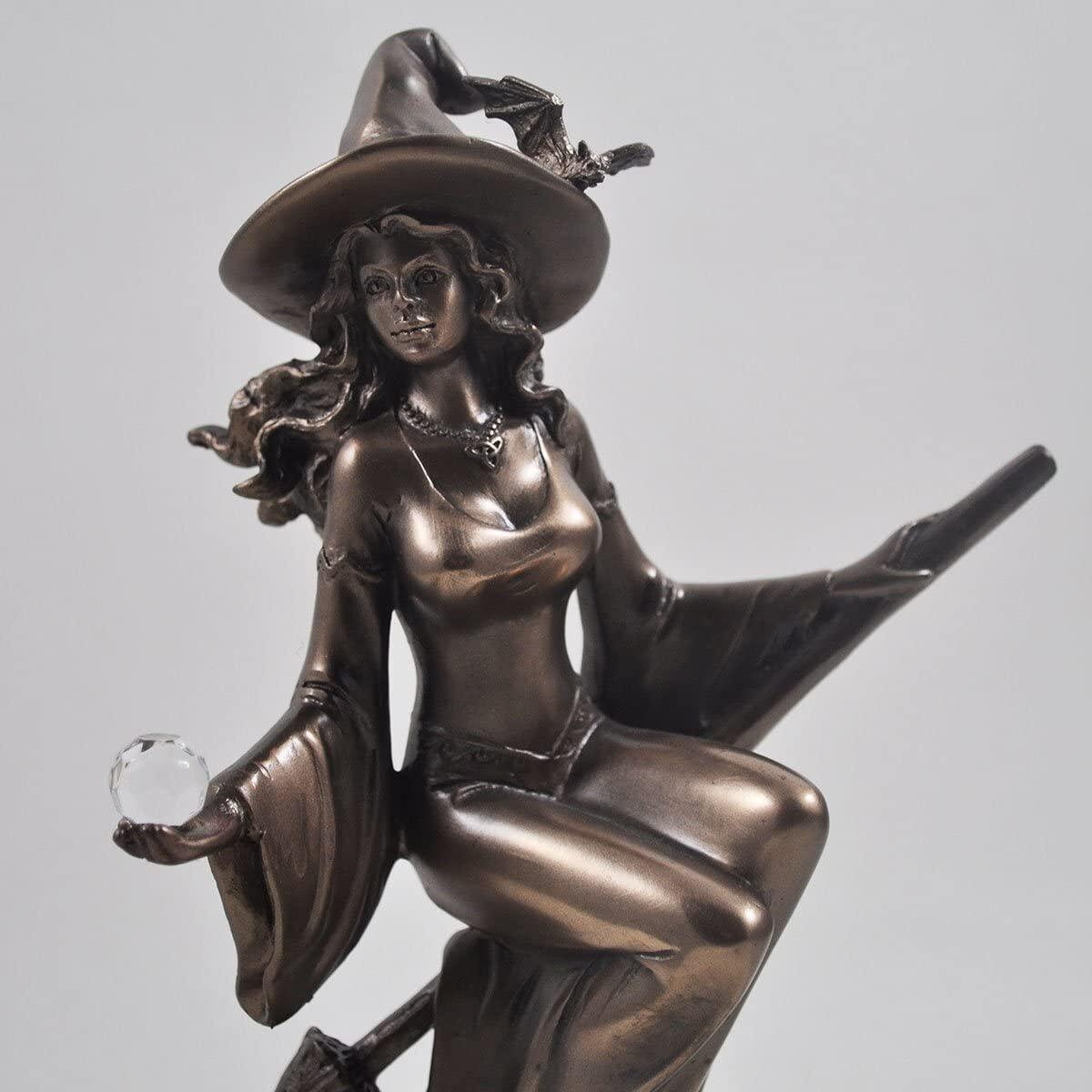 Bronze colour witch riding broom gift ornament figurine