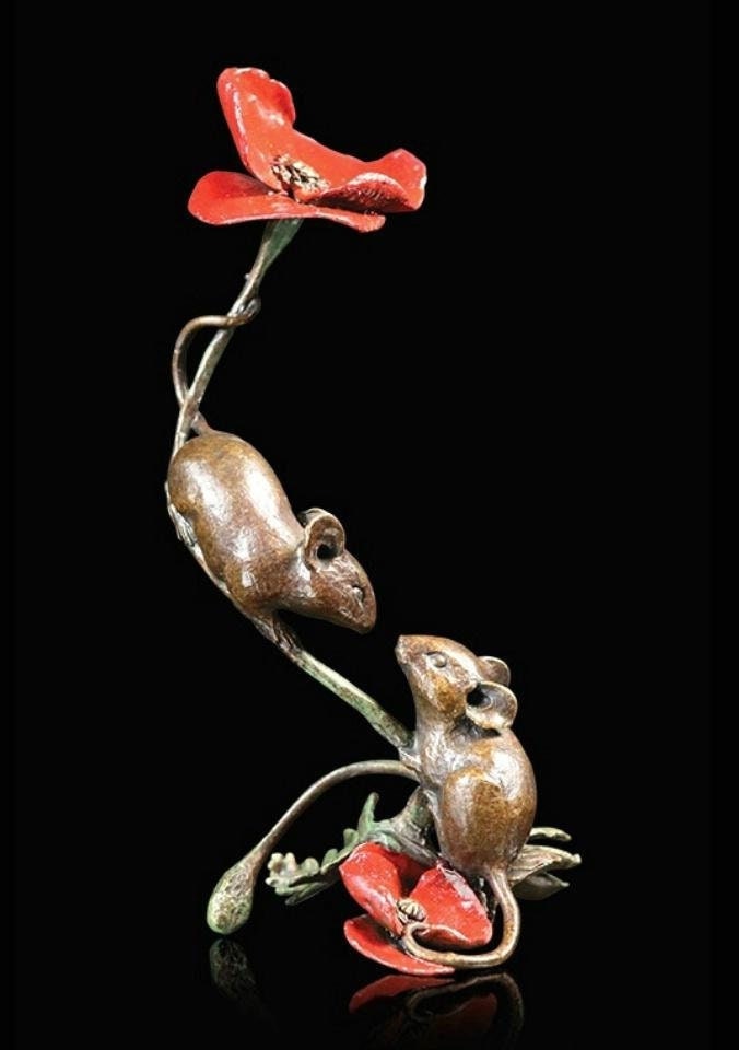 Two Mice With Poppy - Michael Simpson (Solid Bronze Sculpture)