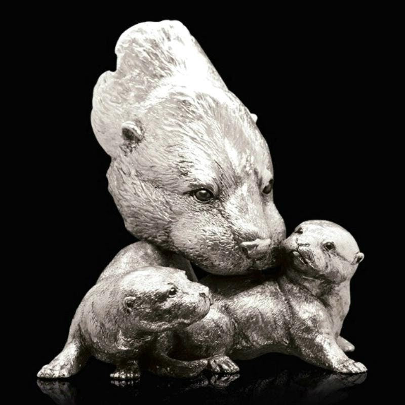 Otter with Pups - Keith Sherwin (Nickel Plated Resin Sculpture) animal figurine home decor wedding gift