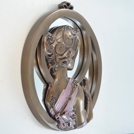 Art Nouveau Lady Mirror Bronze Plaque Decor Home
