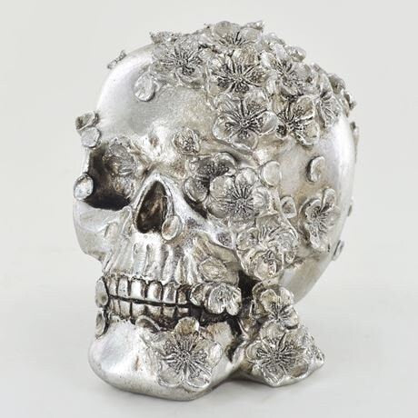 Silver Skull with Flowera figurine, Shelf decor, Birthday gift