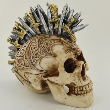 Sword Mohawk Skull figurine, Halloween decor, Anniversary gift